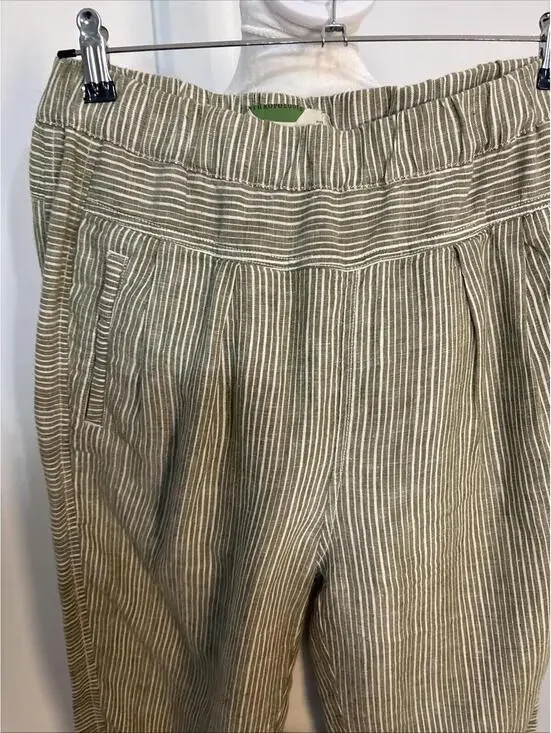 By Anthropologie Pants Womens XSmall Green Stripe 100% Linen Pull On Ankle Crop - Picture 3 of 16